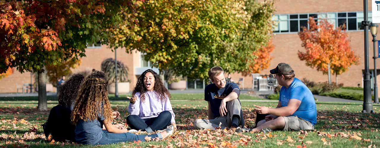 一群雪松镇的学生在草地和秋叶中放松