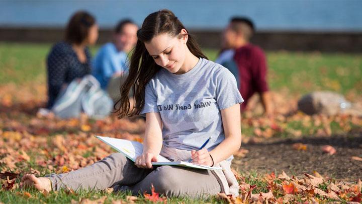 秋天，一个女学生坐在草地上写笔记本