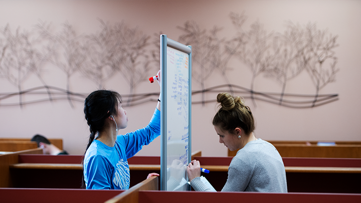 两个学生在图书馆使用双面白板